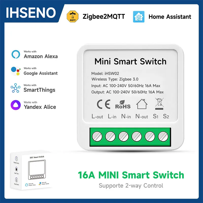 IHSENO ZigBee 16A Smart Switch Tuya Smart Home Automation Mini DIY Breaker Relay Module 2-way Control Voice Works with Alexa