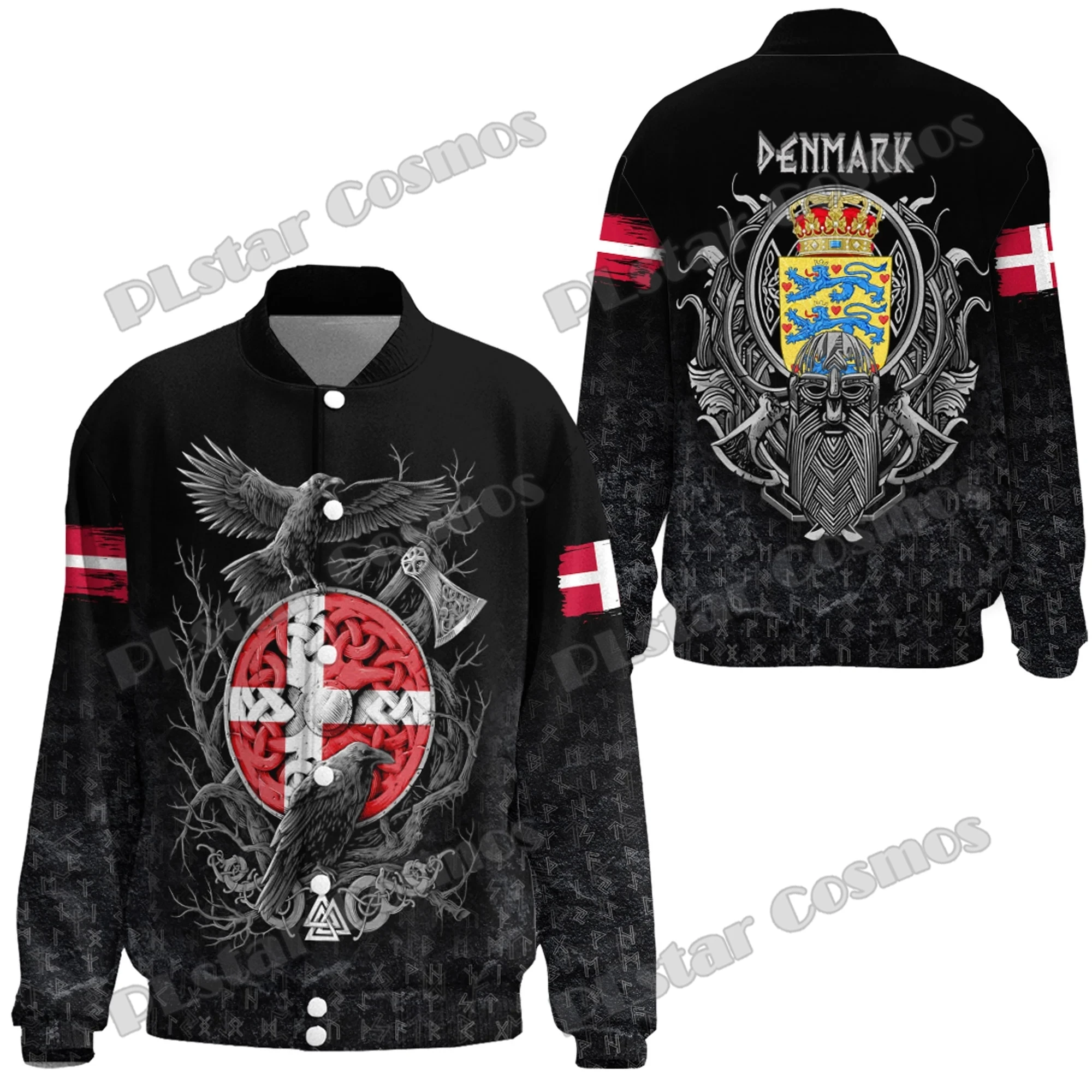 Denmark Raven Odin Tattoo Pattern 3D Printed Fashion Men's Thicken Stand-Collar Jacket Unisex Casual Winter Baseball Jacket FX40