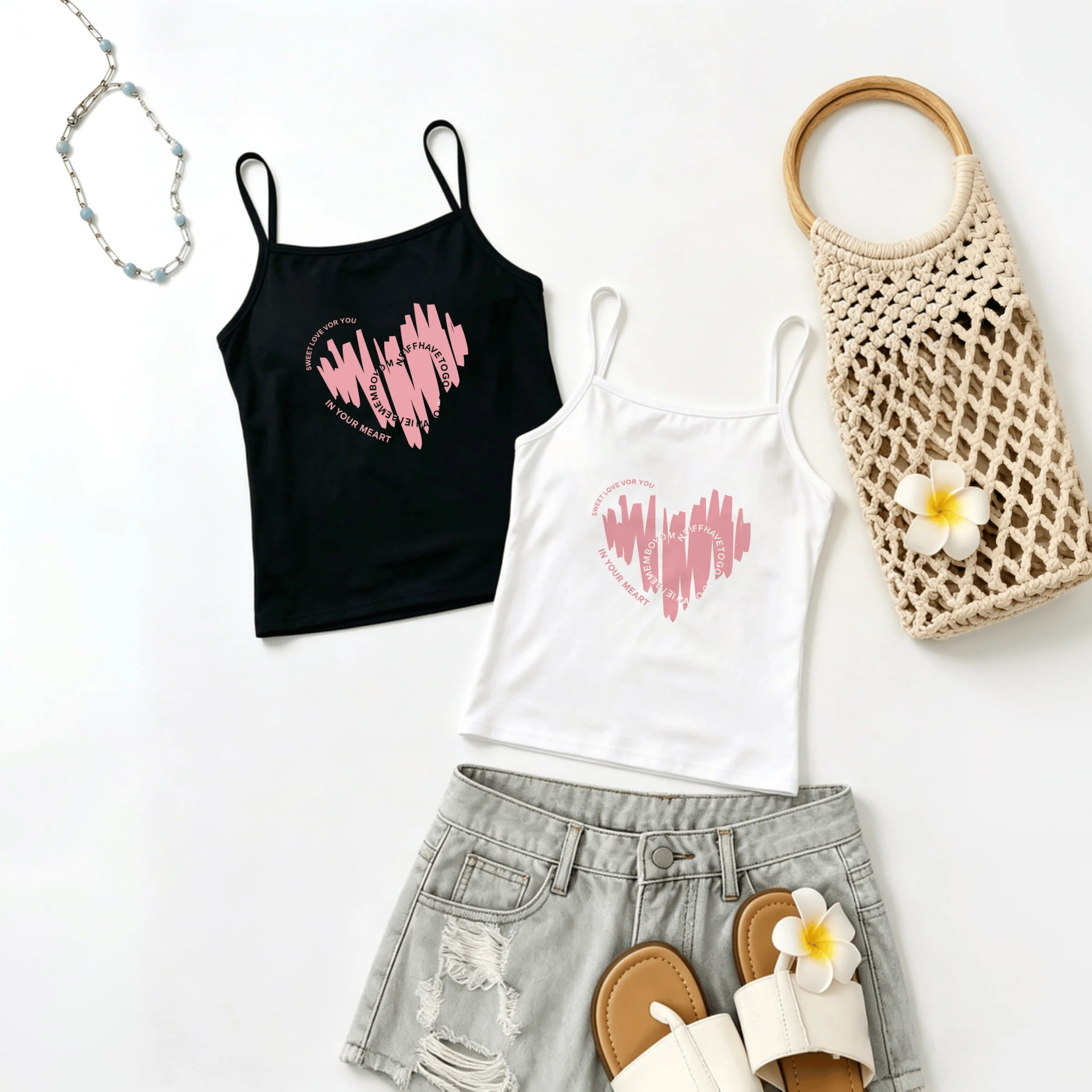Sweet Heart Camisole Women Pink Love Tank Top Romantic Date Night Vest Aesthetic Streetwear Harajuku Summer Crop Tops