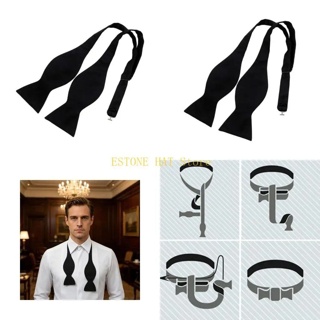 49MF Stylish Black BowTie With Soft Texture Classical Neck Tie Gourd Design Necktie For Stage Show And Special Occasion