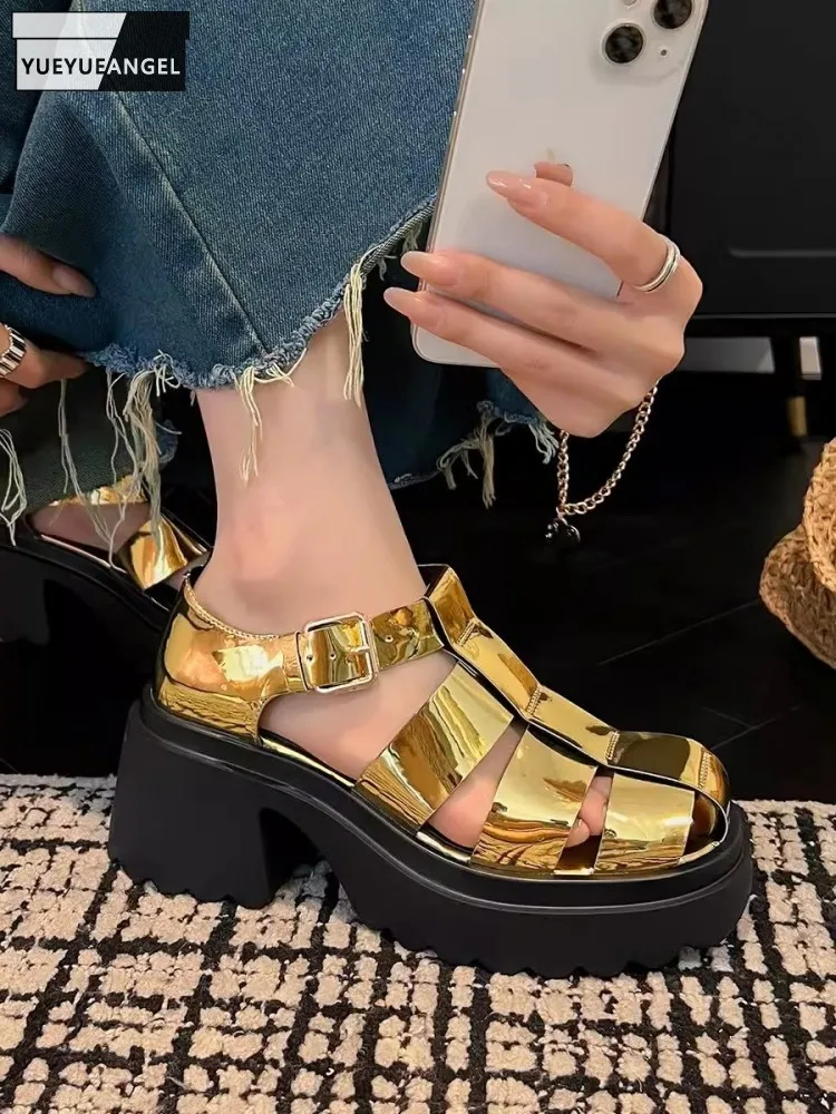 

Women Fashion Split Leather Sandal Thick Platform Hollow Out New Summer Casual Shoes Buckle Strap Chunky Heels Gladiator Sandals