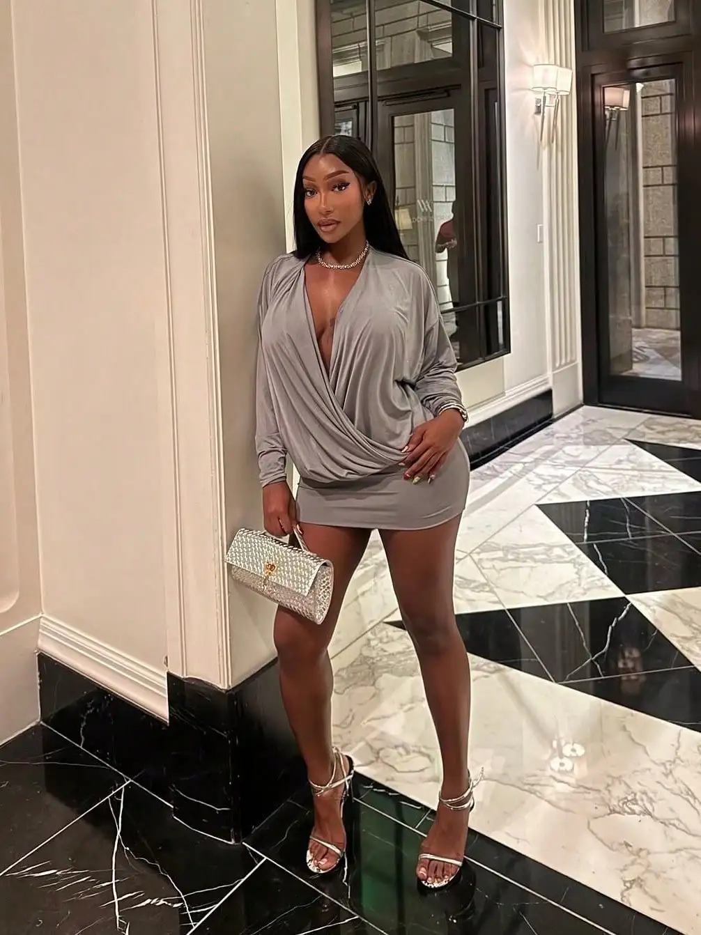 

Womens Elegant Gray Wrap Mini Dress With Deep V-Neck, Long Sleeves, And Fitted Silhouette