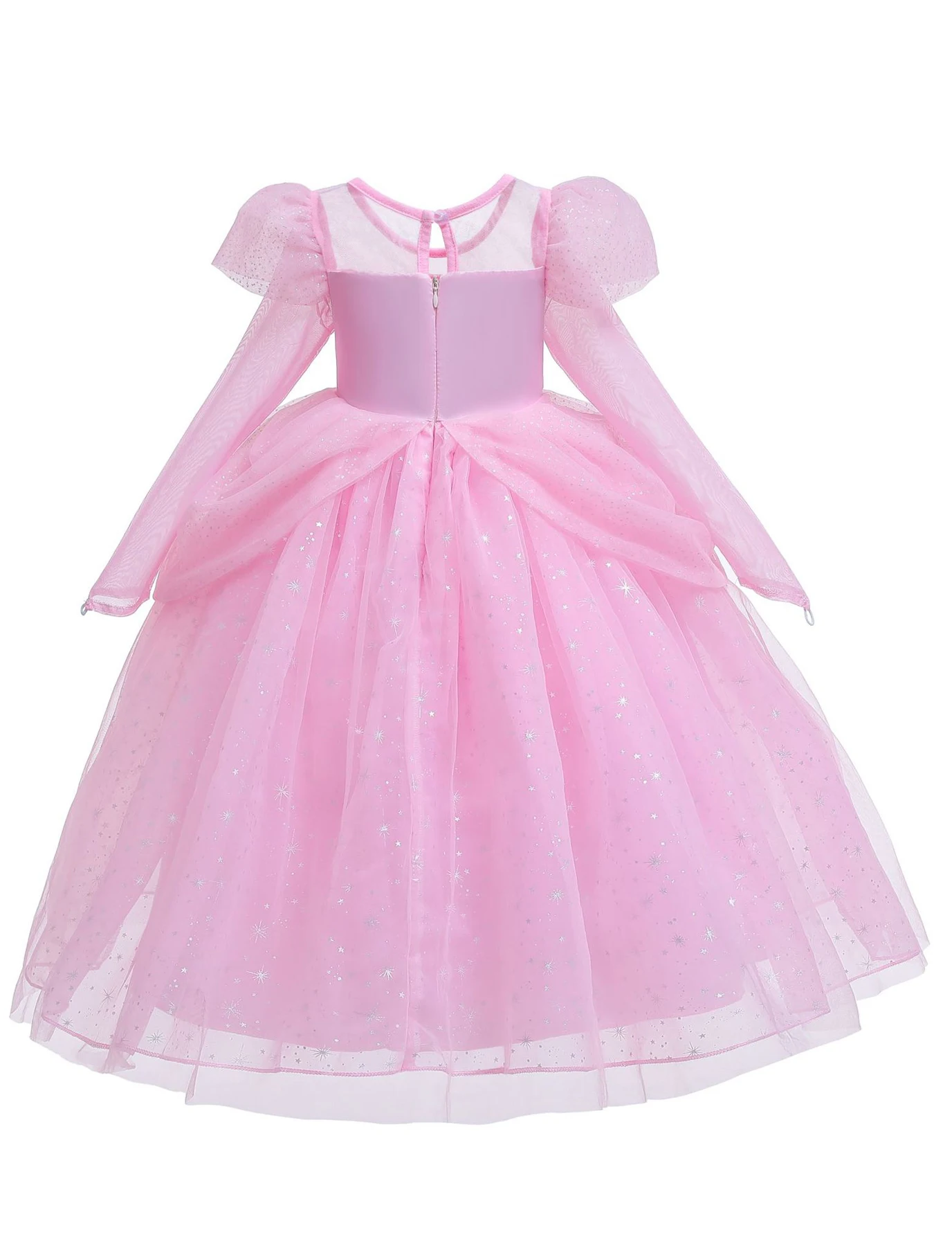 Pink Girls Long Sleeve Princess Dress with Faux Pearl Decoration and Round Neck, Suitable for Performance, Party and Gift Giving