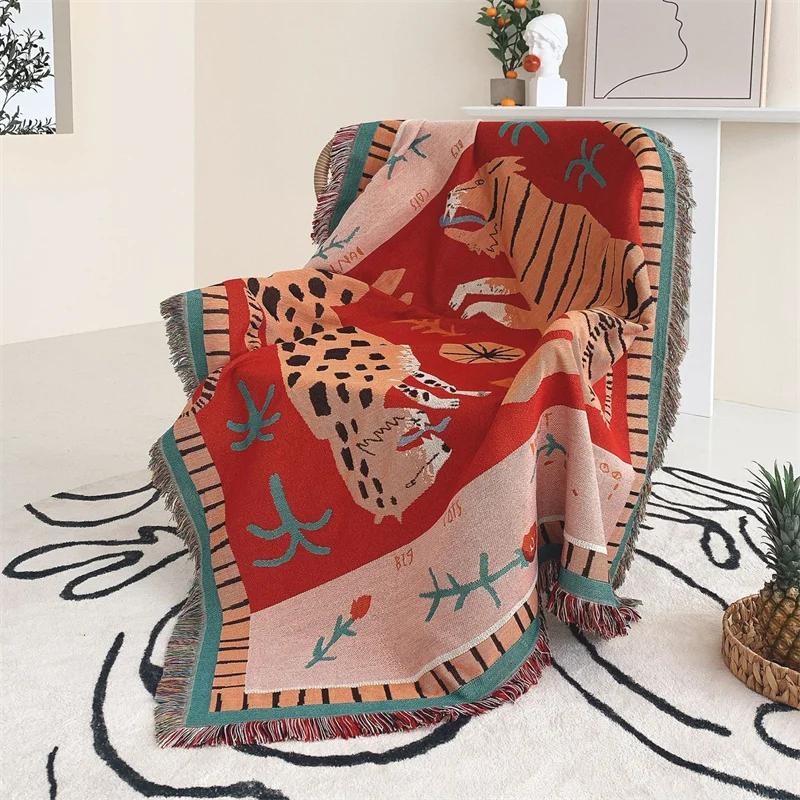 

Woven Throw Blankets Tapestry Red Leopards Bohemian Bedding Sofa Chair Cover Carpet Rug Tassel Outdoor Travel Boho Home Decor