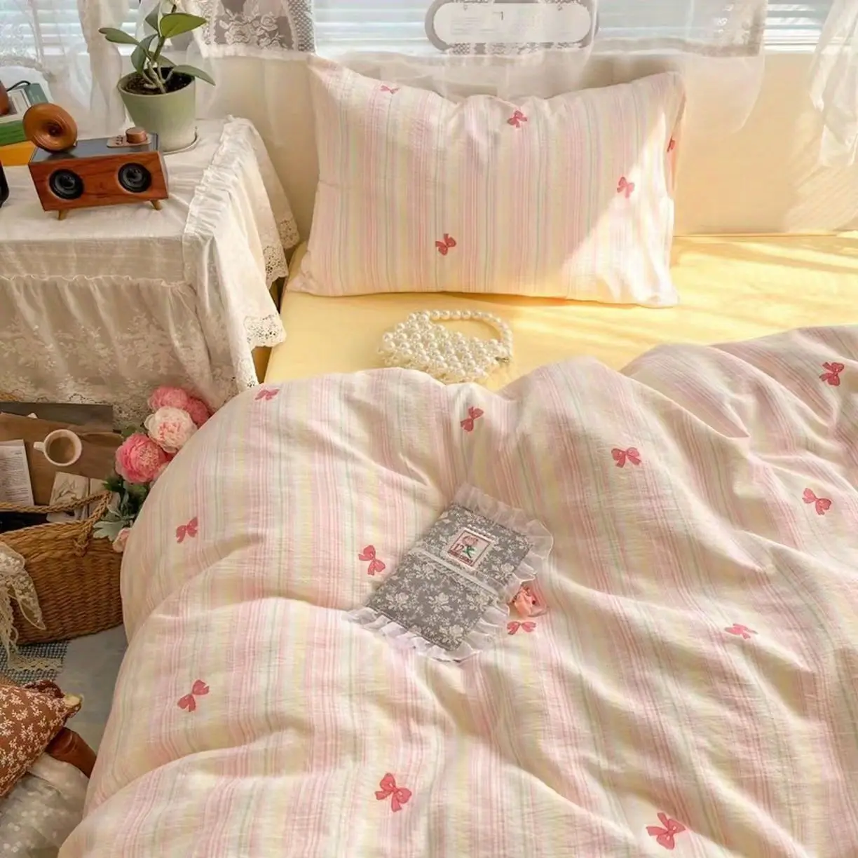 White Pink Bedding Set Hot Sale Duvet Cover Flat Sheet Pillowcases No Filler Girl Boy Twin Queen Comforter Decoration Cover