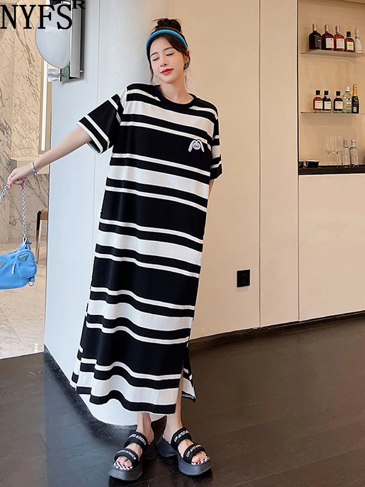 

NYFS 2023 Summer New Korea Woman Dress Vestidos Robe Ete Femme Elbise Loose Plus Size Stripe Slit Embroidery Long Dresses