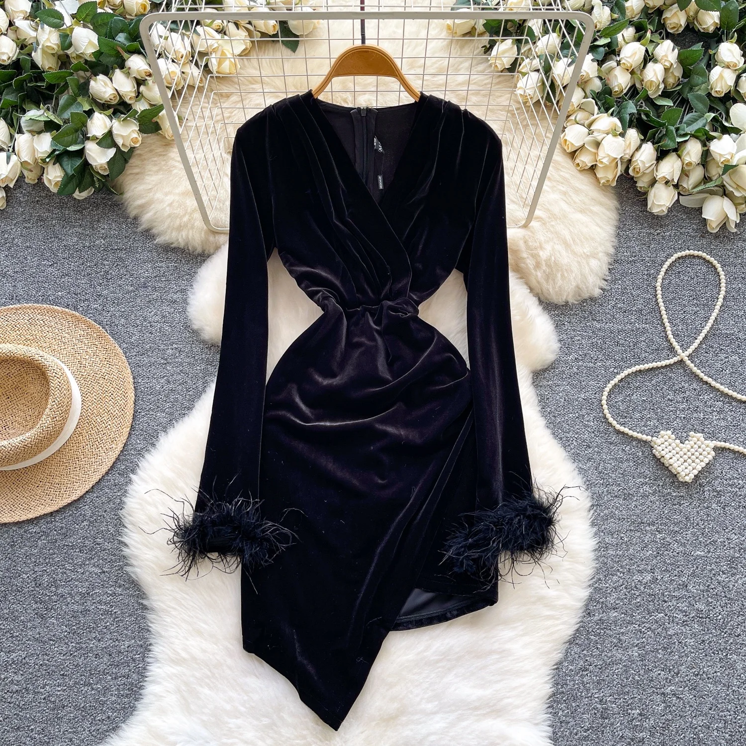 Clothland Women Vintage Velour Asymmetrical Dress V Neck Long Sleeve Feather Irregular Retro Mini Dresses QE270