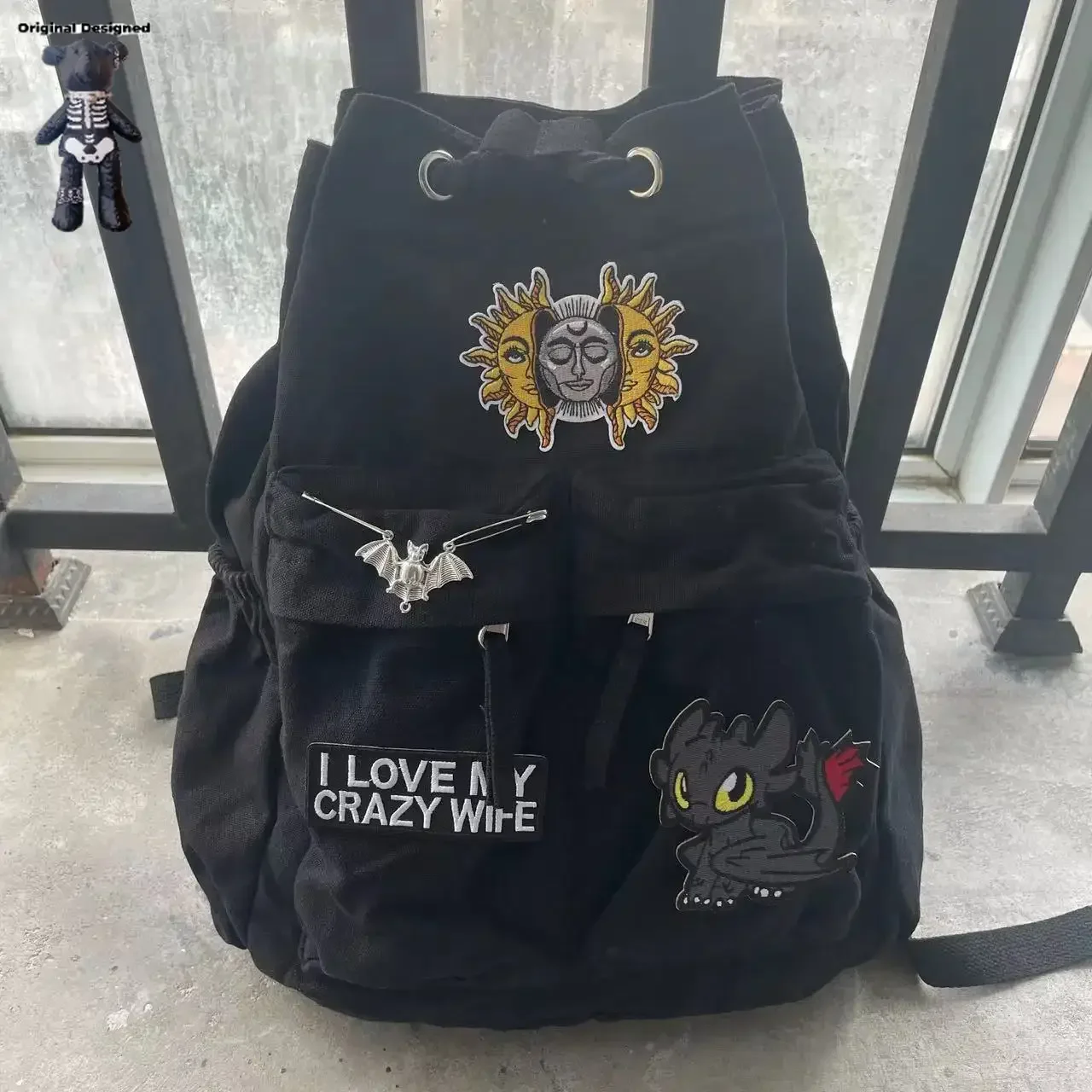 Large capacity backpack Y2K Schoolbag Men Women goth punk backbag hot girl boy's bags Sungod patched Fashion Female Backpacks