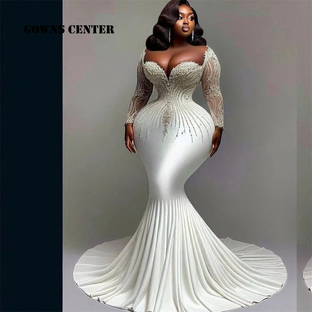 

Perfect Aso Ebi Brides Wedding Dresses Mermaid Long Sleeves Beads Applique African Engagemnt Gowns robe de mariée Customized