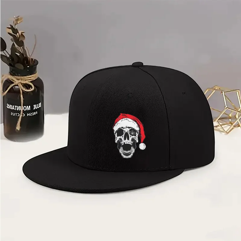 A Baseball Cap with a Skull Print Design, a Unisex Fashionable and Versatile Flat-brim Hat, a Streetwear Accessory