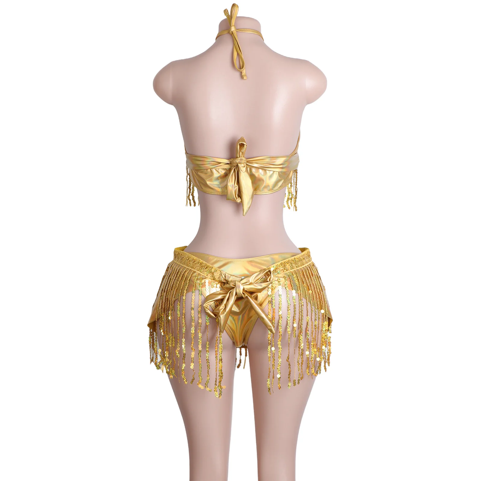 Sequined Golden Tassels Stripes Sexy Lingerie Set Performance Wear Erotic Clubwear Women Outfits Adjustable Straps Dancewear