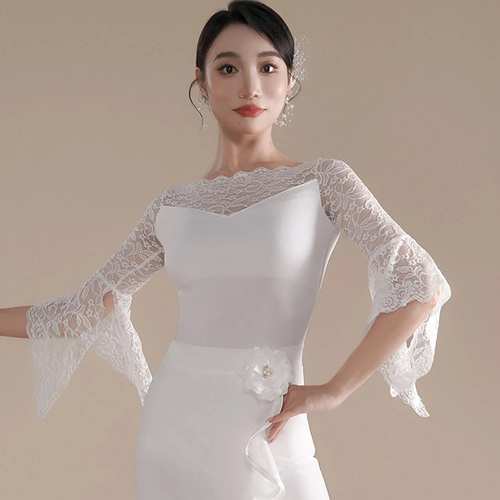 Modern Dance Daily Dance Top Black Modern Dance Lace Shirt Waltz Collar Women's Mid-Sleeve Top White Slim Body Practice Top