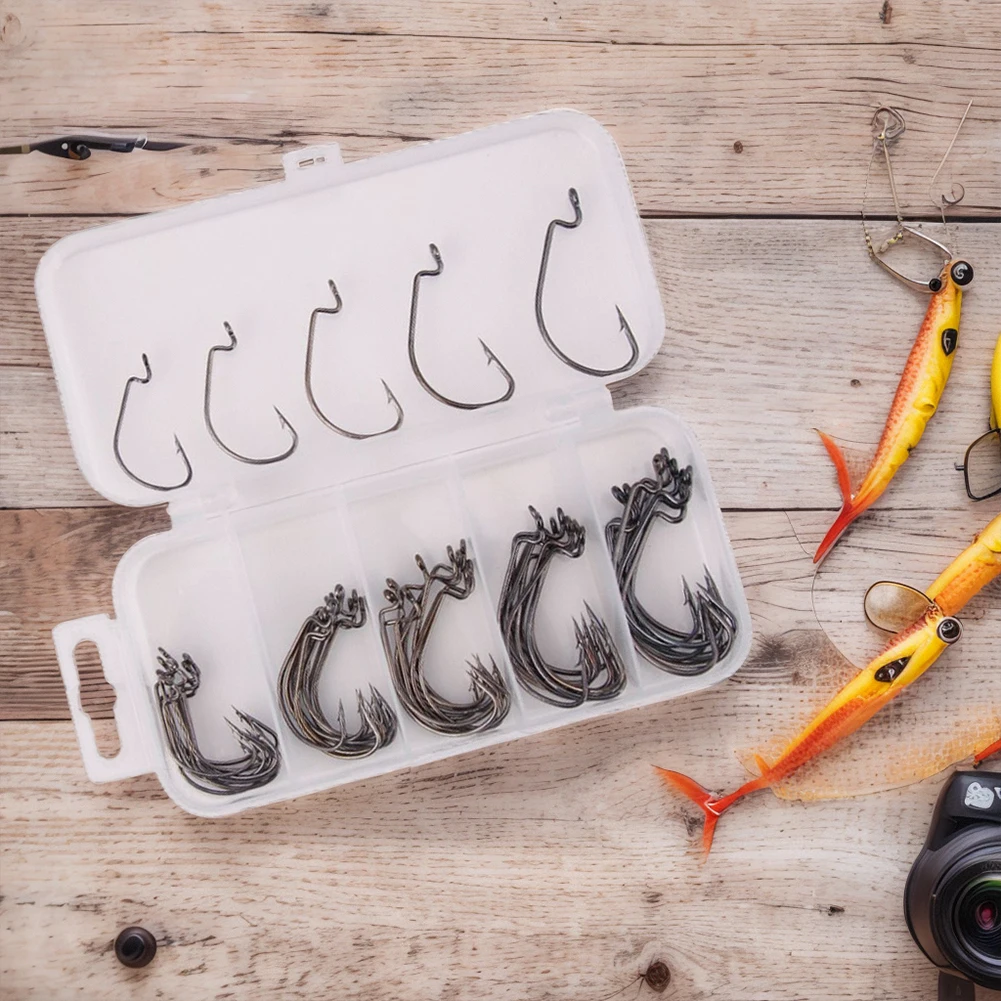 50 Pcs/Box Jig Crank Barbed Hook Wide  Offset Fishhook Wide Worm Hook Bass Barbed Carp Fishing Hook Soft Worm Sea Hook Tackle