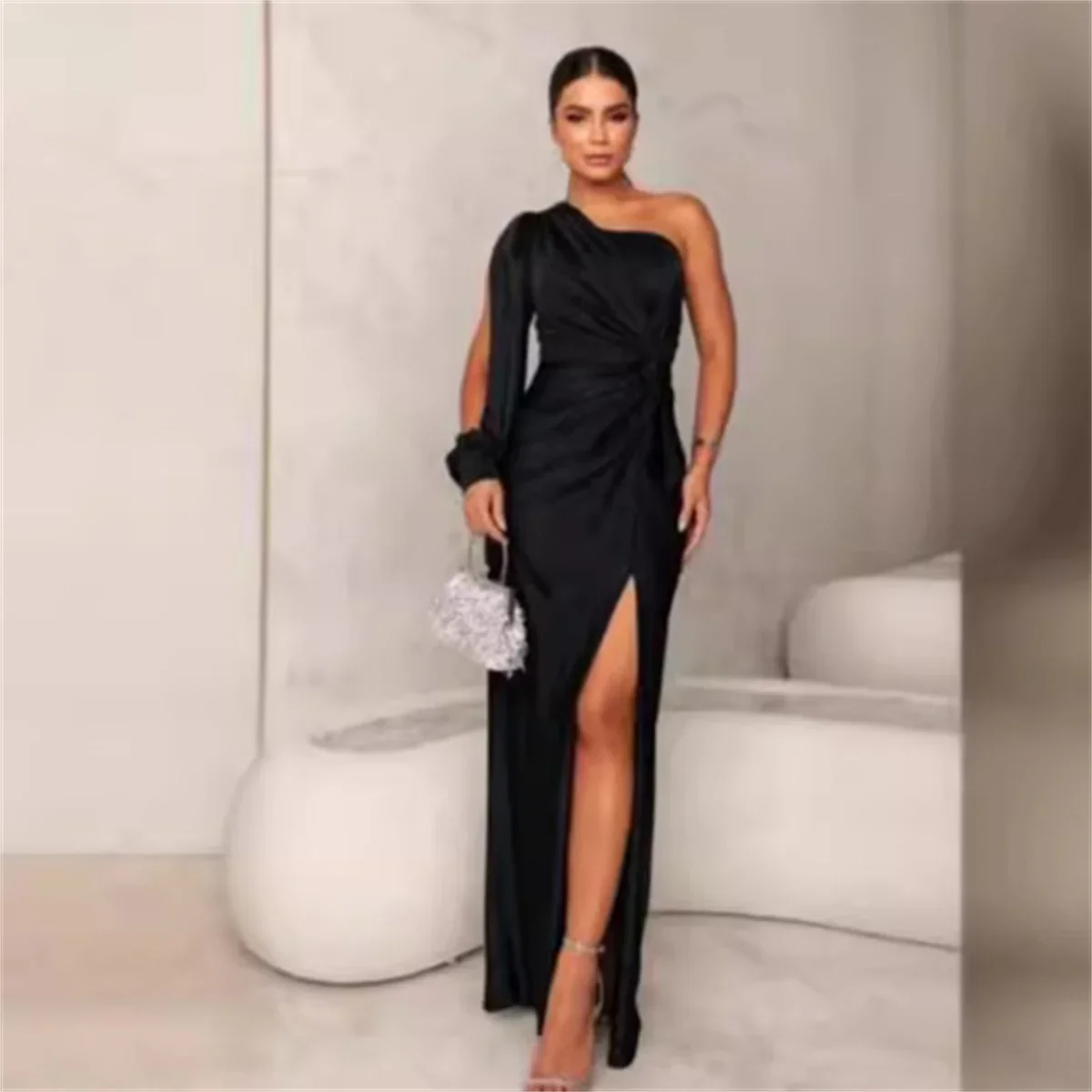 Women Fashion Party Maxi Dress Summer Solid One Shoulder Long Sleeve Cut Out Irregular Pleated Nipped Waist Slit Dresses 2024