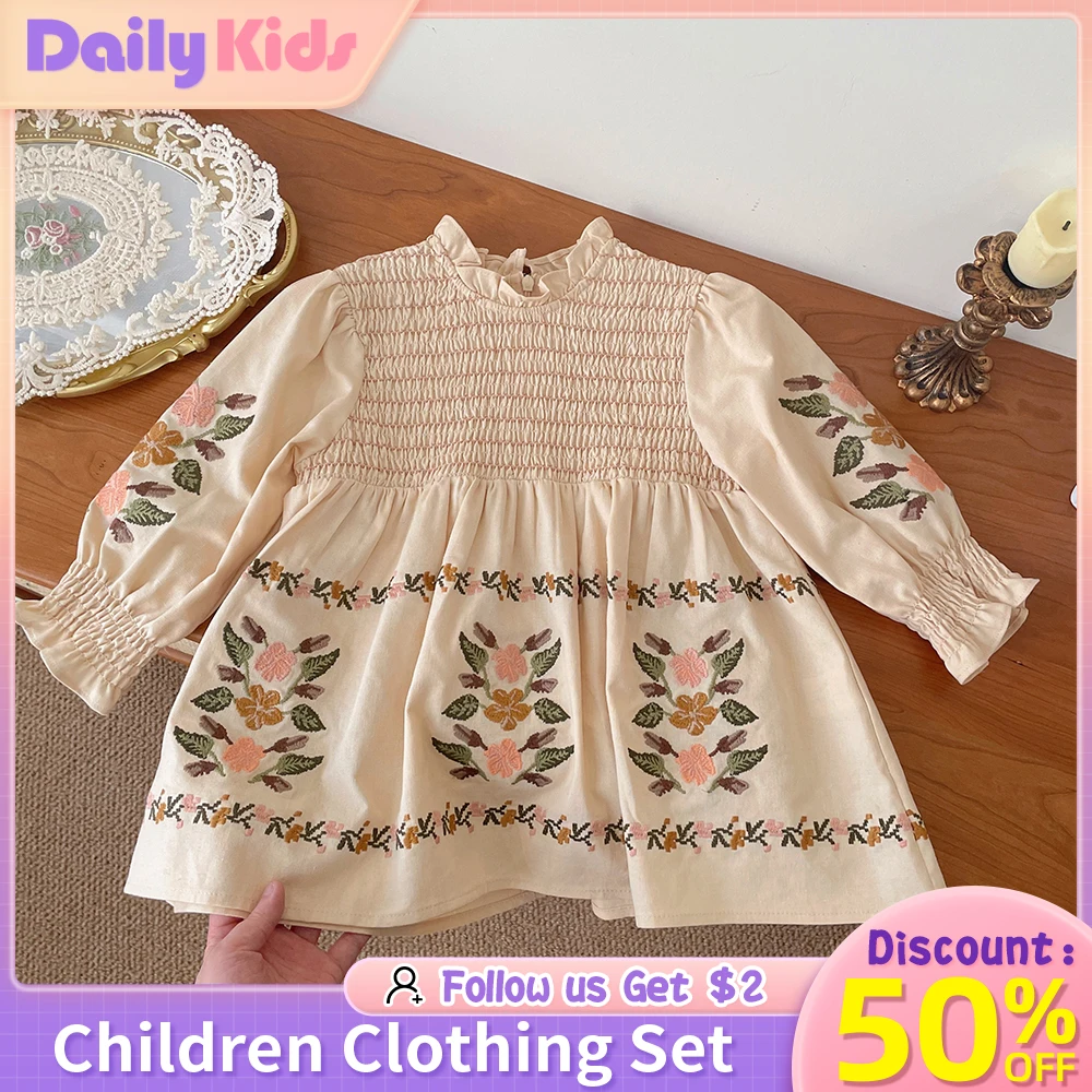 

Korean Kids Clothes Girl Dress For 2024 New Spring APO Embroidery Princess Dress Skirts Children's Christmas Clothings Girls Top