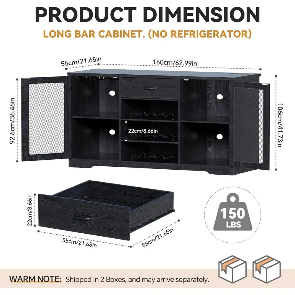 LED-beleuchteter Ridge Space Bar-Schrank mit Ladestation und Schubladenaufbewahrung in Schwarz