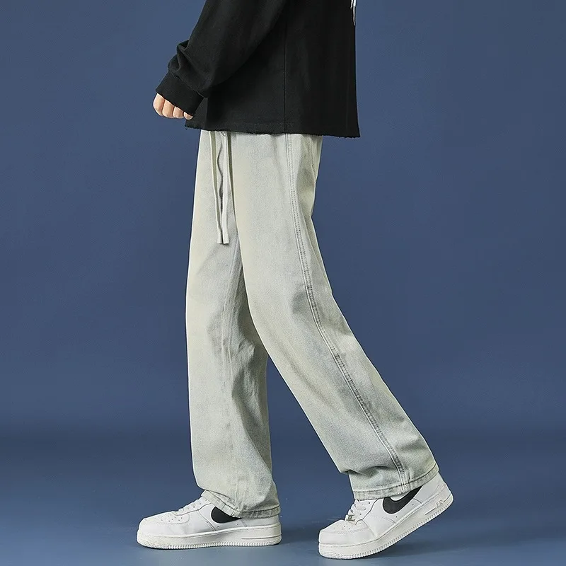 アメリカンスレ マッドカラー レディースジーンズ 2024年春新作 エラスティックウエスト ドローストリング カジュアル ワイドレッグ ストレート ハイストリートパンツ