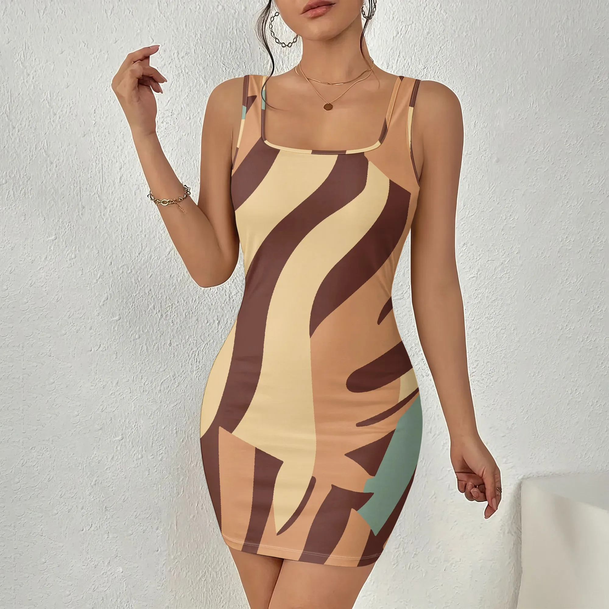 

Abstract Wave Print Sleeveless Bodycon Dress, Sexy Cami Mini Dress, Casual Summer Party Wear, S-2XL
