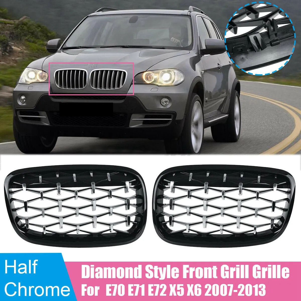 

A85E-Car Diamond Grills Front Kidney Grill Chrome Mesh Grille Car Accessories For BMW E70 E71 E72 X5 X6 2007-2013
