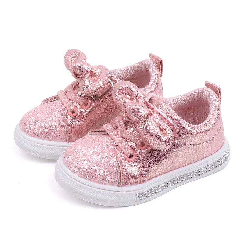 Children Casual Shoes Toddler Baby Girls Bow Sequin Sneakers Glitter Soft Sole Non-slip Sports Shoes Fashion Solid Board Shoes
