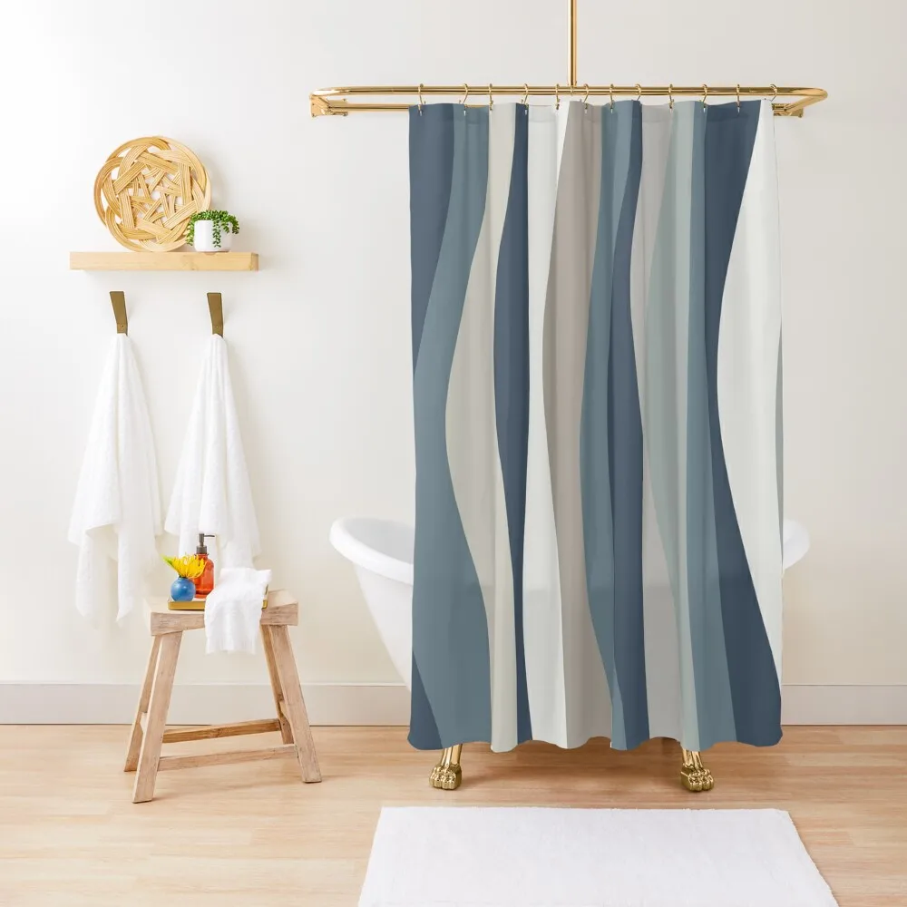 Liquid Stripes Soothing Modern Abstract Pattern in Neutral Blue Grey Shower Curtain Anti-Mold Waterproof Shower Curtain