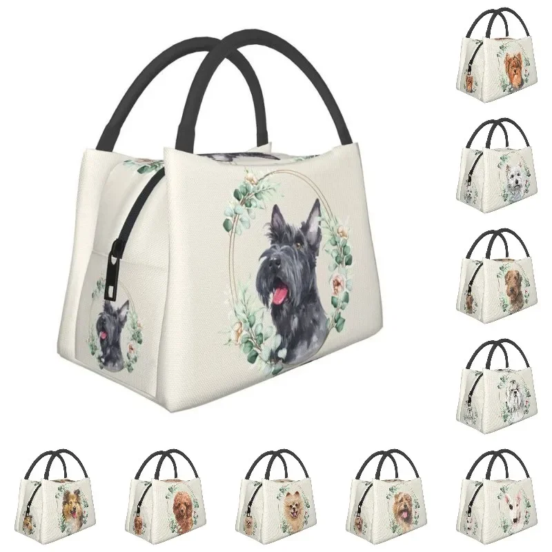 Scottish dog perforated in golden flower circular insulated lunch bag, suitable for Scottie Lover pet hot box bento