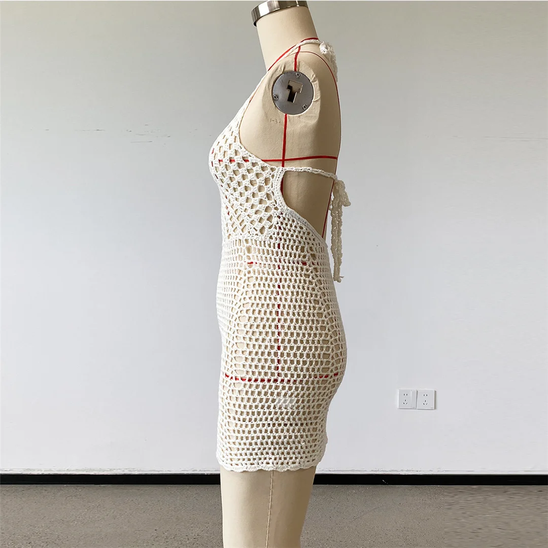 Halterneck, rückenfreies, gehäkeltes, gestricktes Tunika-Strandkleid, Strandkleid, Strandmode, Damen V8402 – Detail 7