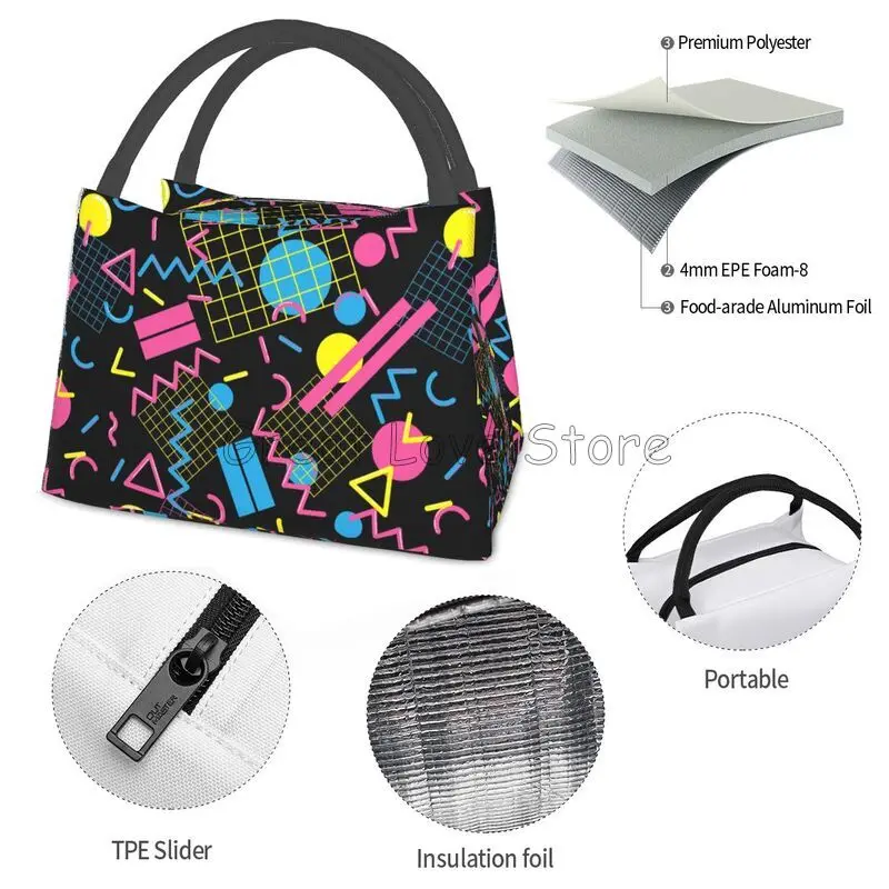 Retro 80s 90s Print Thermal Lunch Bag for Women Reusable Portable Waterproof Insulated Bento Lunch Box for Travel Picnic Work
