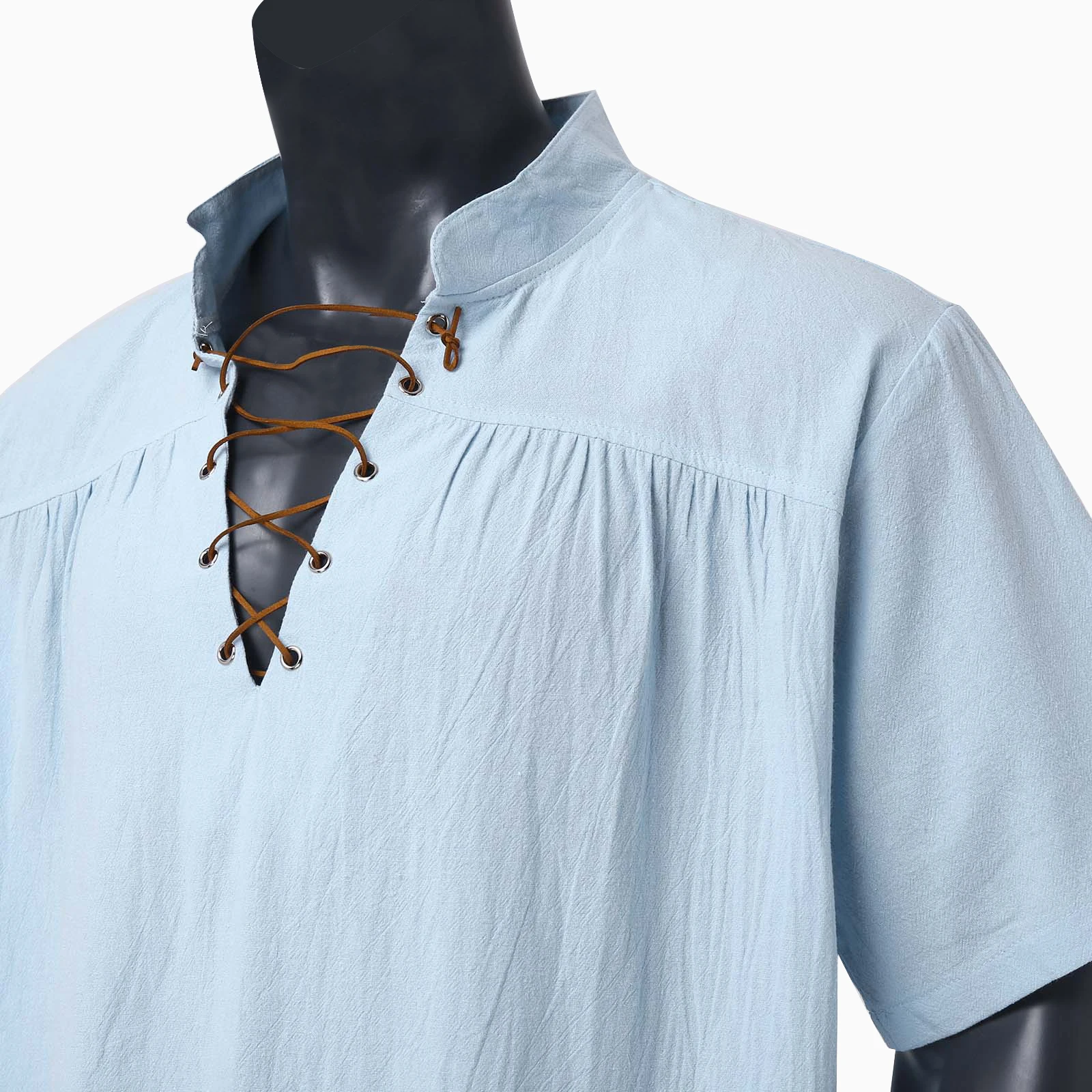 Medieval Costume Shirts Men Short Sleeve Vintage Renaissance V Neck Lace up Blouse Tops