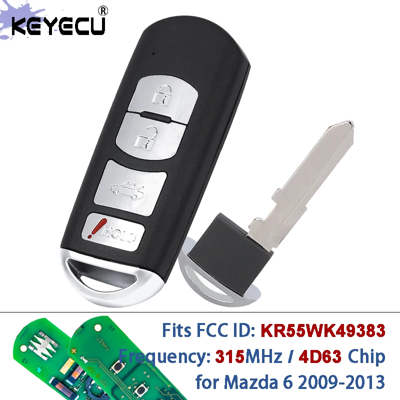 

KEYECU FSK 315 МГц 4D63 Чип FCC ID: KR55WK49383 Система VDO 4 кнопки Умный дистанционный брелок для Mazda 6 2009 2010 2011 2012 2013