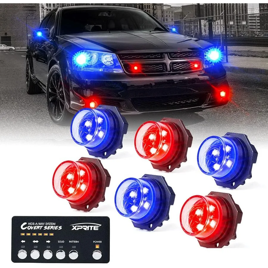 

Red Blue LED Hideaway Strobe Police Lights Kit with 20 Flashing Patterns and Control Panel for Headlights Taillights Hazard War