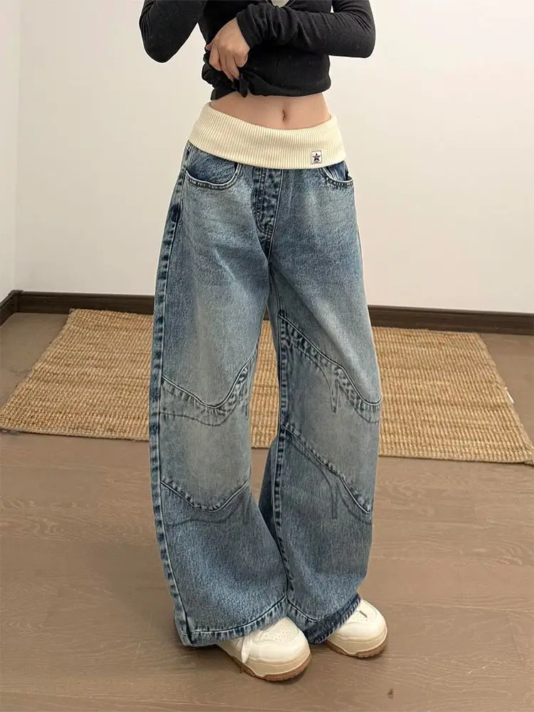 American-style Loose Design Rope Waist-top Denim Pants Cool Distressed Washed Loose Straight-leg Floor-length Pants