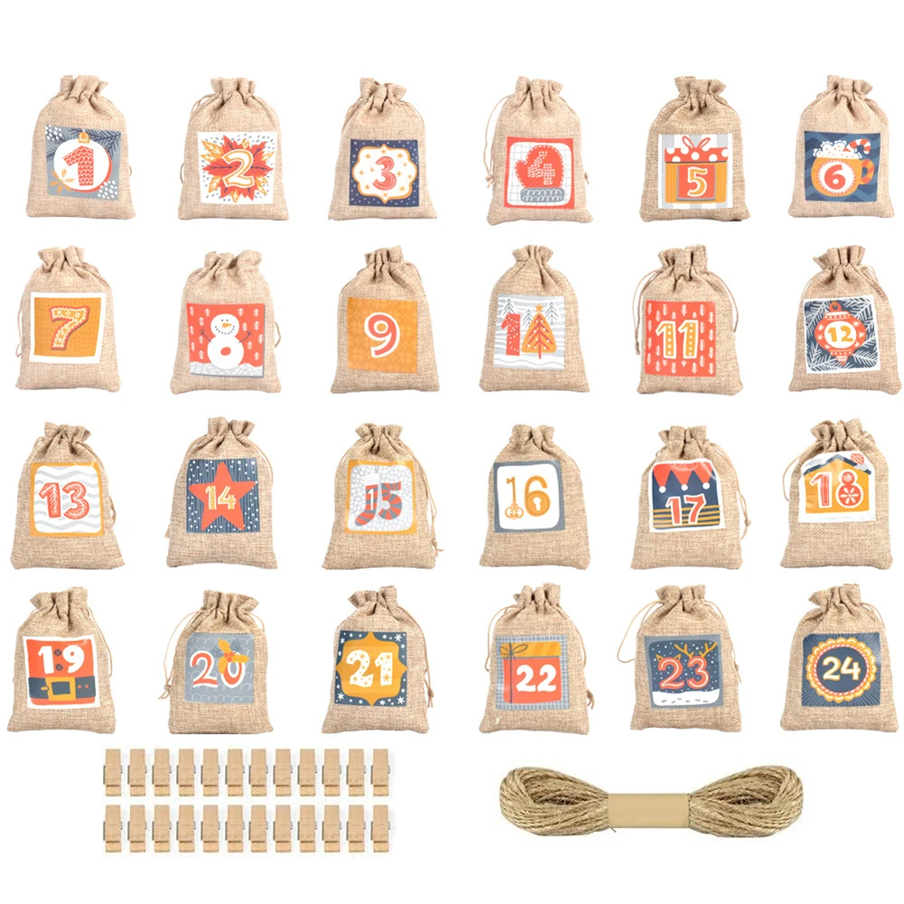 Christmas Advent Calendar Bags 24 Days Countdown Burlap Sacks Countdown Christmas Decorations 24X Drawstring Pouches For Home