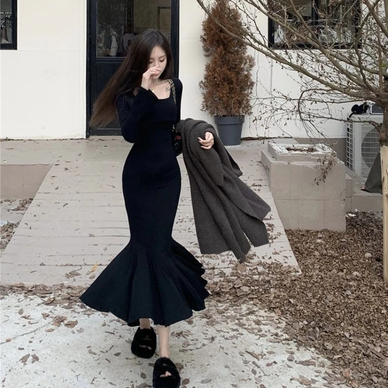 부드러운 여성용 긴팔 드레스 코튼 A라인 세일 고품질 럭셔리 섹시 K팝 비치 Y2K 피쉬테일 드레스