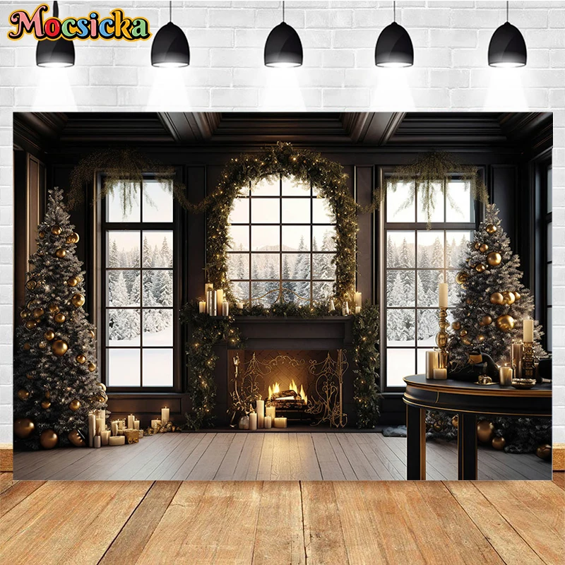 

Mocsicka Indoor Christmas Background For Children Portrait Family Party Photography Winter Xmas Tree Mantel Decoration Banner