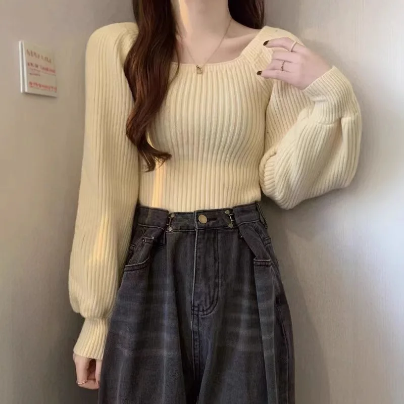 

2025 Autumn Winter Women's Knitting Sweater French Style Square Neck Knit Top Puff Sleeve Design Inner & Outer Wear Sweater
