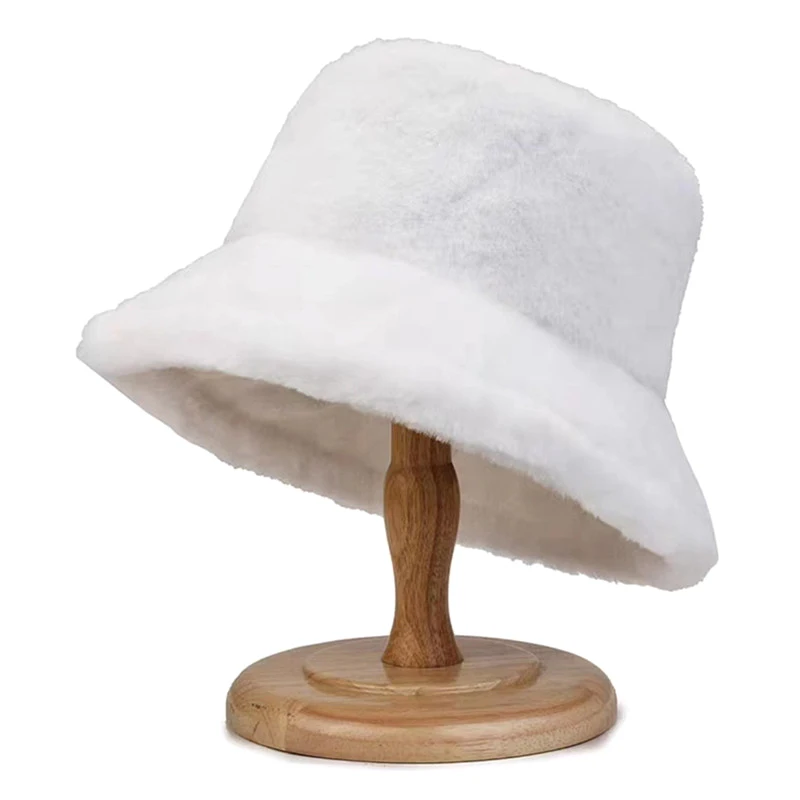 Winter Plush Bucket Hats For Women Outdoor Thick Warm Panama Cap Solid Soft Faux Fur Lady Girls Fisherman Sun Hats