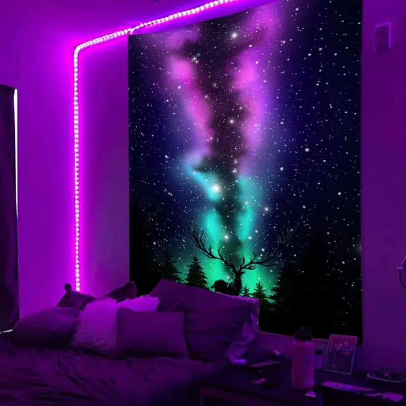 VIKAMA Blacklight Violet Emerald Borealis Cosmos Deer Silhouette Reactive Tapestry Wall Art Room Decor Accent Soft Durable Cozy