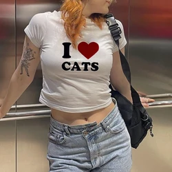 I LOVE CATS Letter Print T-shirt Y2k Crop Top Aesthetic Casual Harajuku Short Sleeve Gothic Clothes Streetwear Summer Baby Tees