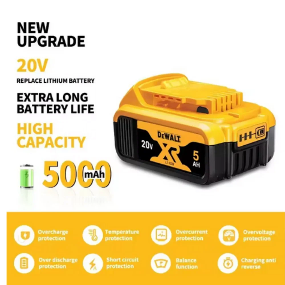 20V DeWalt Battery 5Ah Li-ion Battery for DeWalt DCB205/DCB207/DCB230, 1H Charge, 2000+ Cycles, High Quality