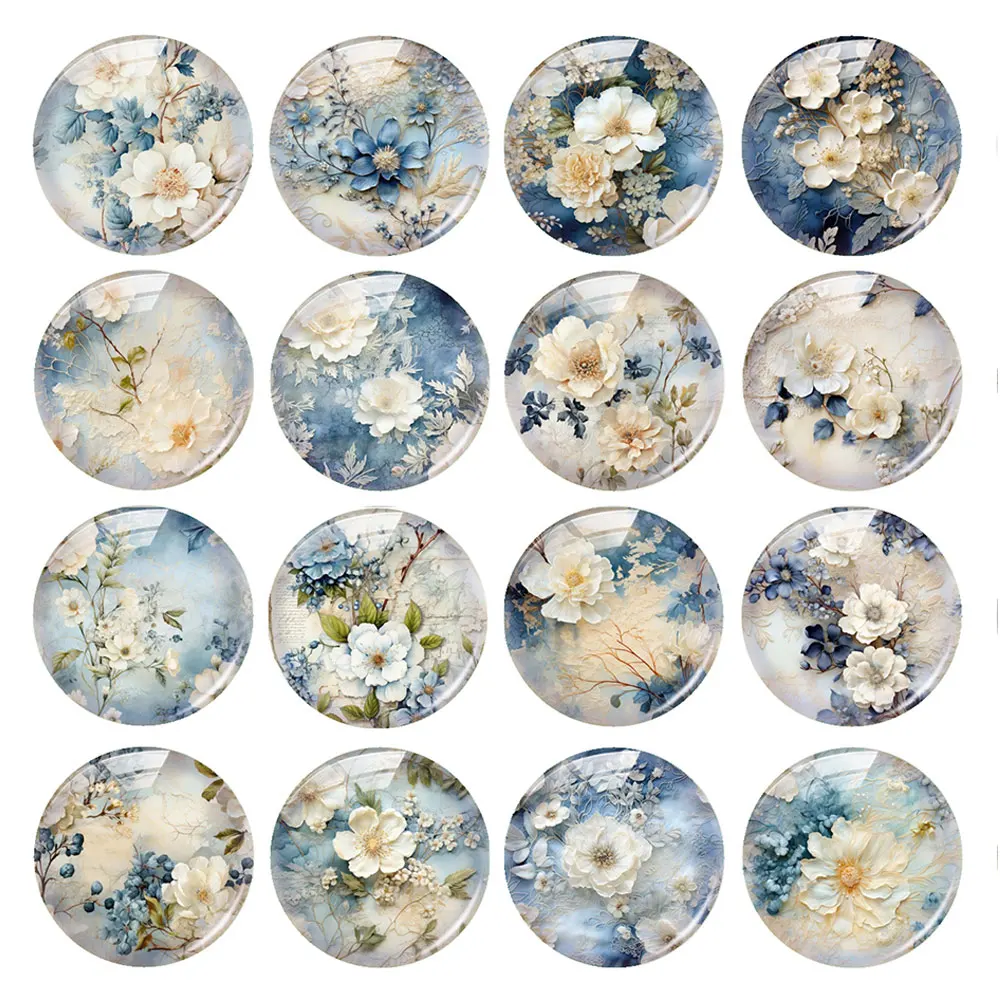 Random Mixed Round/Oval/Square Dusty Blue Watercolor Floral Photo Glass Cabochon Flatback Demo Cameo For Diy Jewelry Making