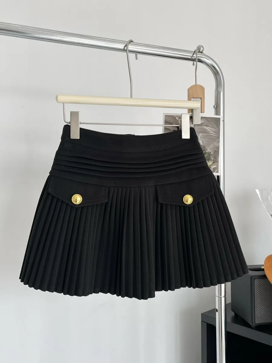 Nueva moda coreana elegante minifaldas plisadas mujeres Vintage botones de lana sólida A-line Falda corta de cintura alta otoño nuevo