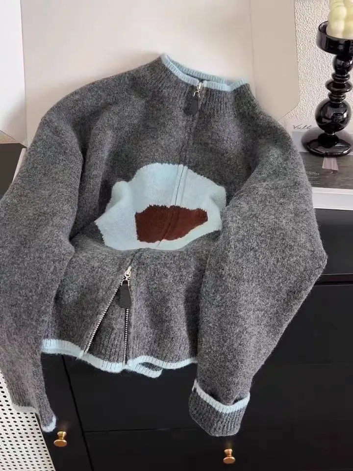 

Корейский Sle Color Blo Высококачественный вязаный открытый кардиган на молнии Осень-зима Ленивый повседневный универсальный студенческий мягкий свитер...