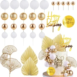 White Gold Balls Cake Toppers with Gold Palm Leaves Boho Birthday Cake Decoration for Birthday Bohemian Wedding Baby Shower Part