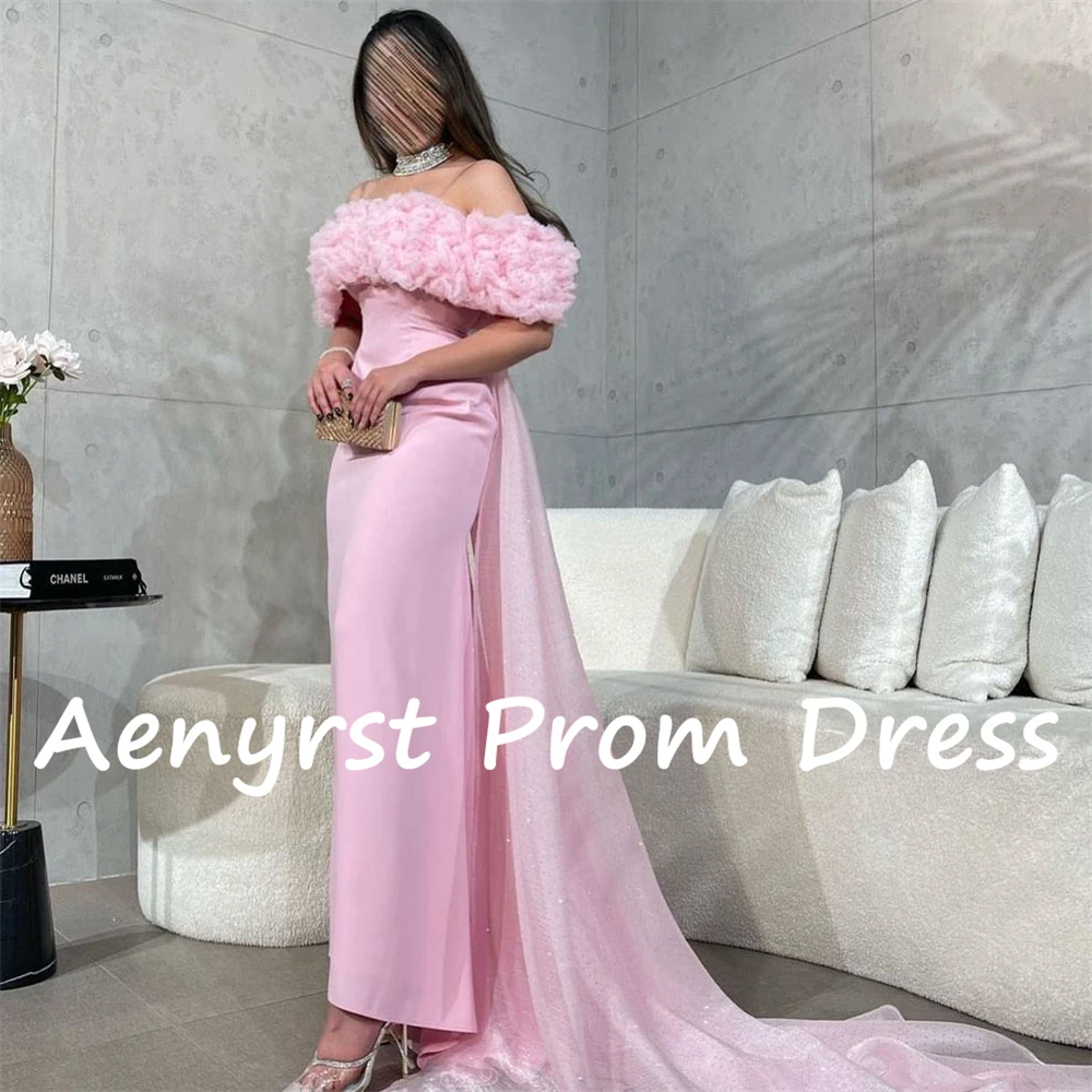 Aenyrst-vestido de noche de satén con hombros descubiertos para mujer, traje Formal de sirena con volantes, cuello Barco, longitud hasta el tobillo, color rosa