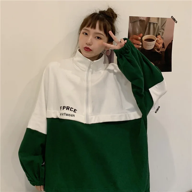 Women Stand-up Collar Sweater Spring Autumn New Korean Version Loose Zipper Embroidery Student Thin Sweatshirt Top