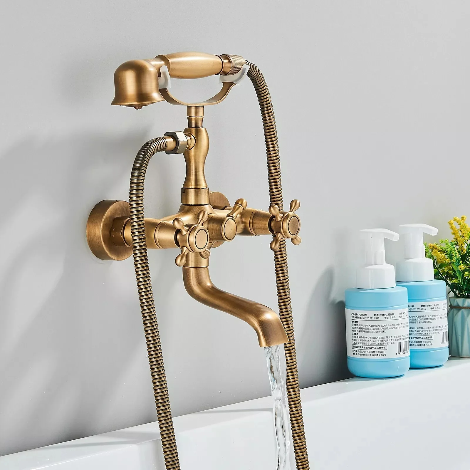 Antique Brass Clawfoot Tub Faucet Wall Mount Bathtub Filler Faucet with Hand Shower