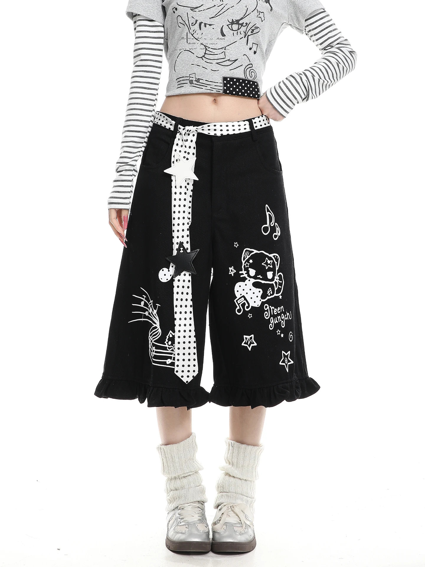 

Loose Fit Casual Women's Seven-Foot Pants Spring Season Cotton Fabric Korean Cartoon Style Print Wide Leg Pants
