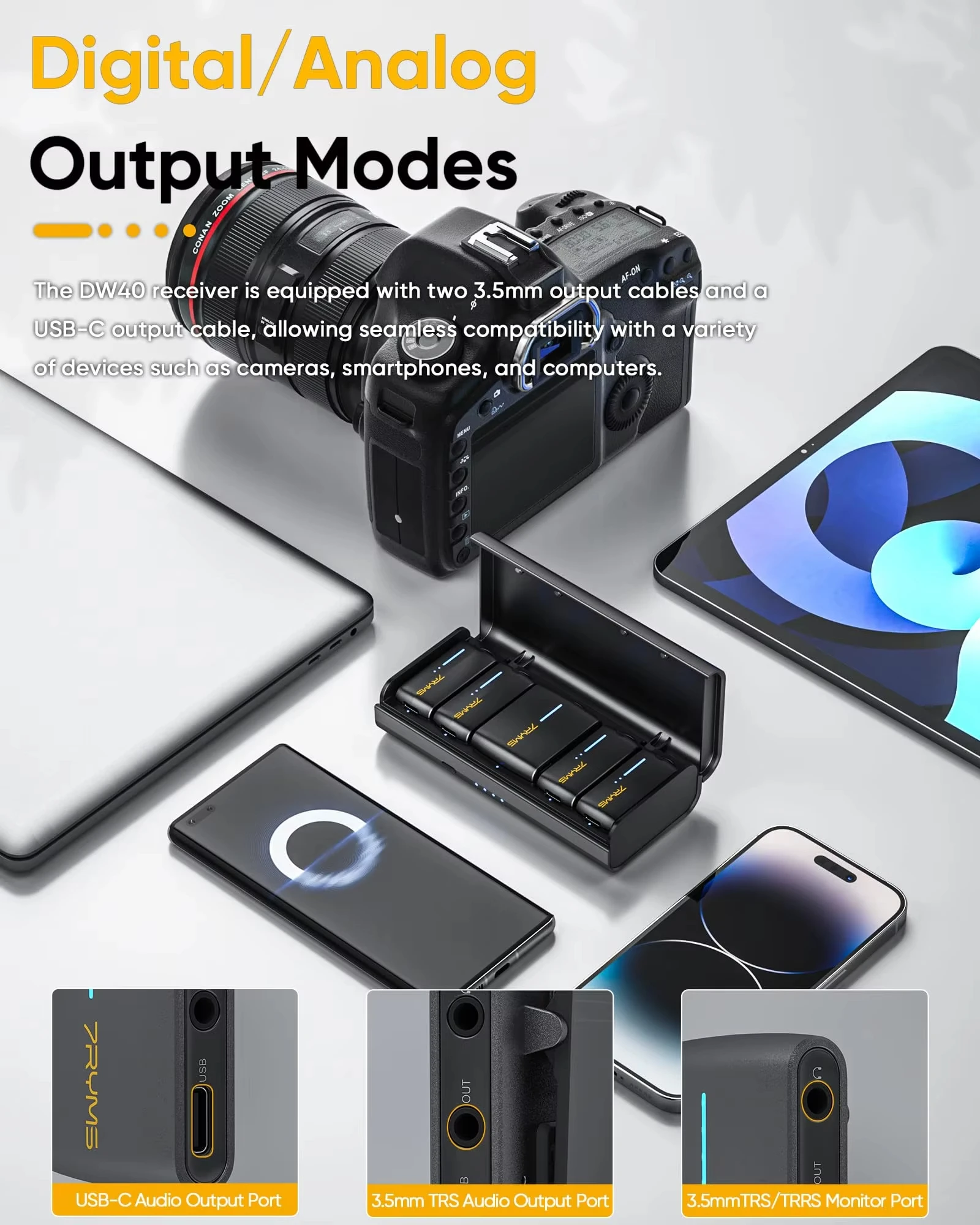 7Ryms iRay DW40 mikrofon Lavalier nirkabel, mikrofon dengan 4 pemancar, perekaman 48kHz/24bit, kartu AI untuk kamera, ponsel cerdas, dan PC