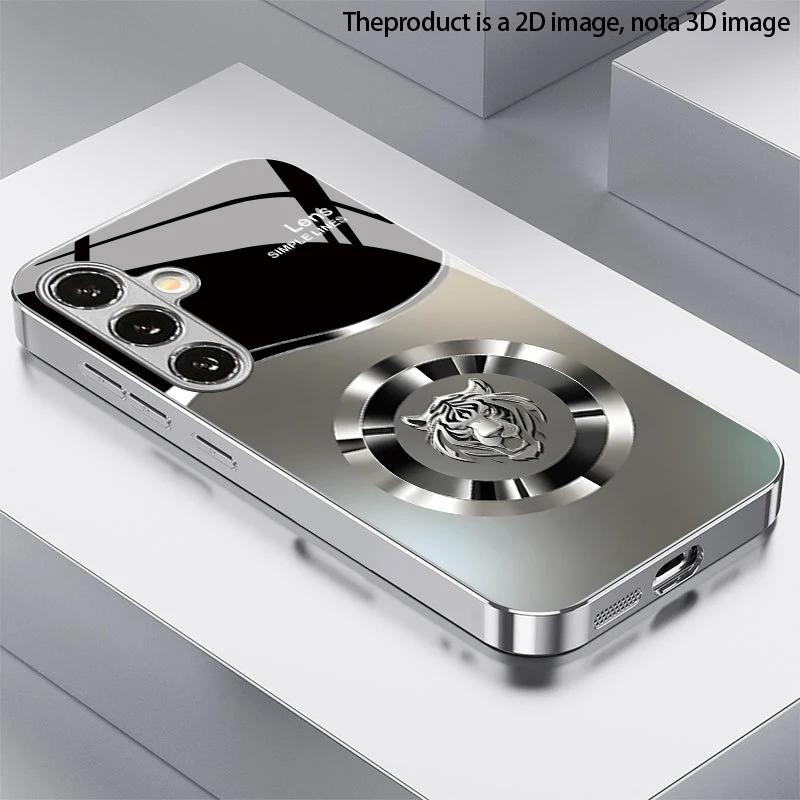 Silver Tiger Lens Pattern 2D Phone Case for Samsung S26 S25 S24 S23 S22 S21 S20 A56 A36 A16 Electroplated Glass Protective Cover
